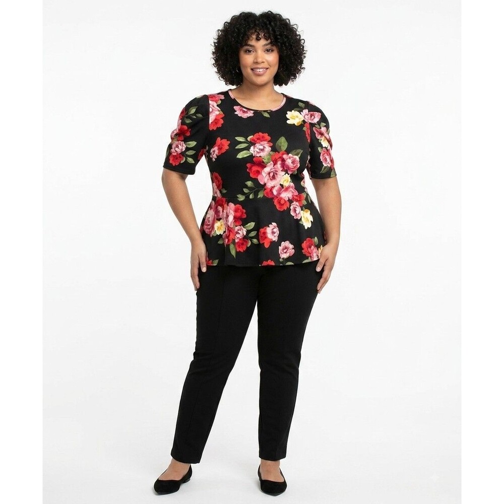 Designer by Julia Women's Black Floral Peplum Top NWOT Sz 1X (14/16)